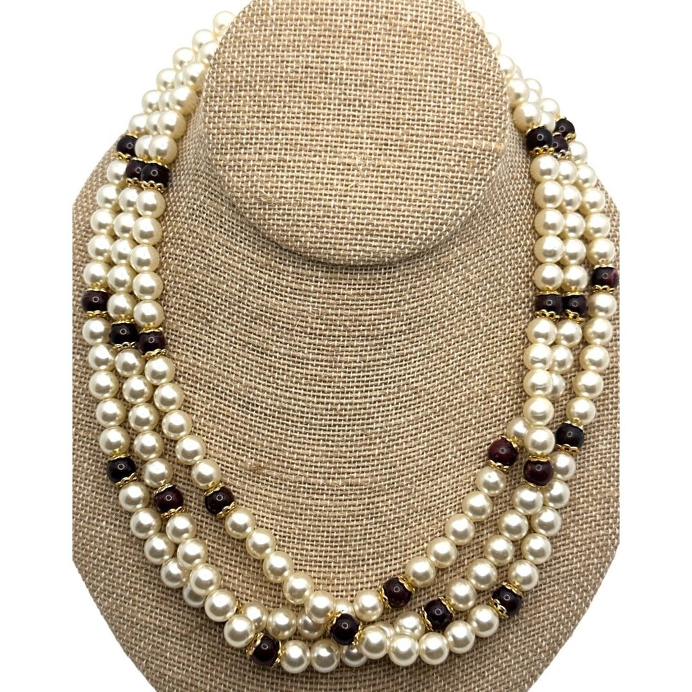 Costume White Acrylic Pearl Necklace Multi Strand Red Glass Beads Academia Retro